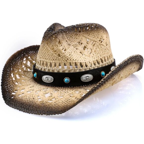Accessories - Women's Straw Wide with Shapeable Brim Cowboy Hat White/Black Almond & Coffee2